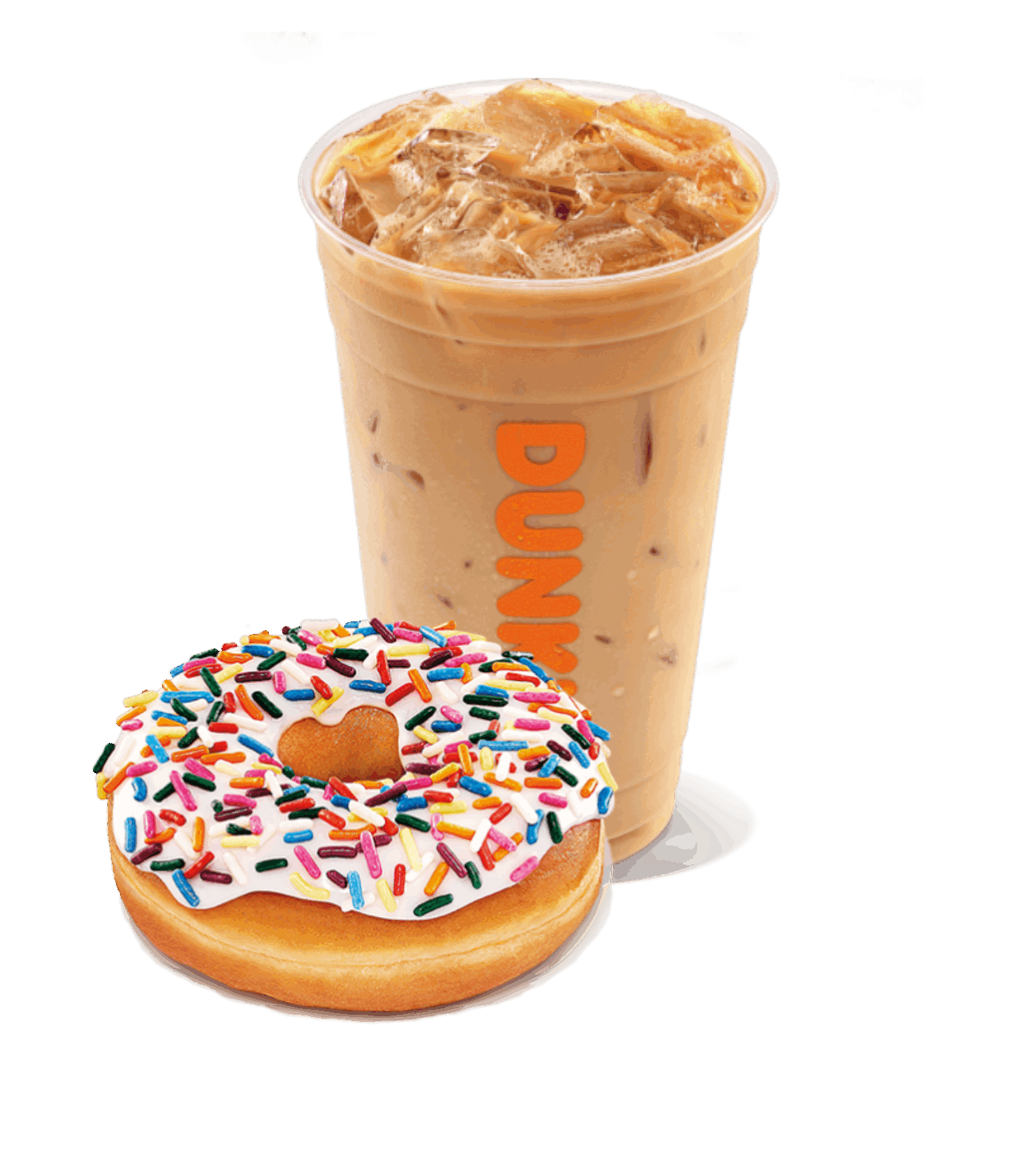 Iced coffee in a cup with the "Dunkin'" logo and a frosted donut with colorful sprinkles, exemplifying the classic offerings of this beloved coffee and donuts franchise.
